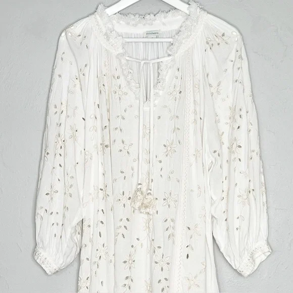 Sundance Trisha Eyelet White Fringe Trim V-Neck Tassel Tie CoverUp Dress Medium - Picture 3 of 11